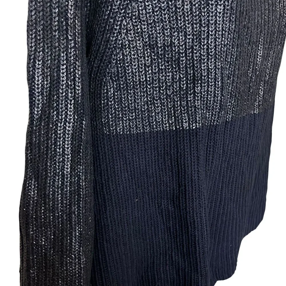 Chicos Womens Cotton Blend Navy Metallic Long Sleeve Chunky Knit Sweater 2 L